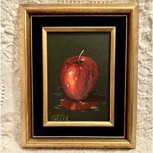 Vtg Oil on Canvas by Carter Realism Wet Apple Fine Art Painting Gold Frame 8x10